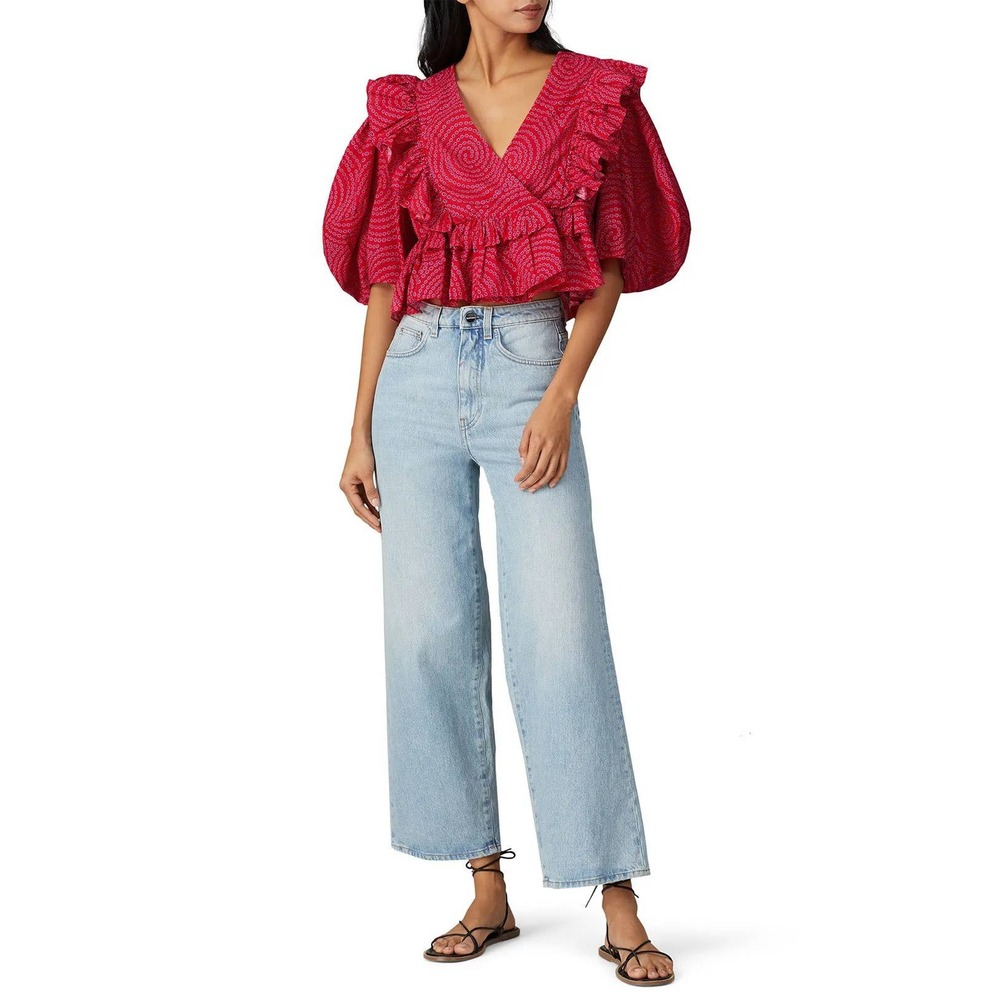Rhode‎ Ruffle Wrap Top Womens Small Pink Geometric Puff Sleeve Boho Cottagecore